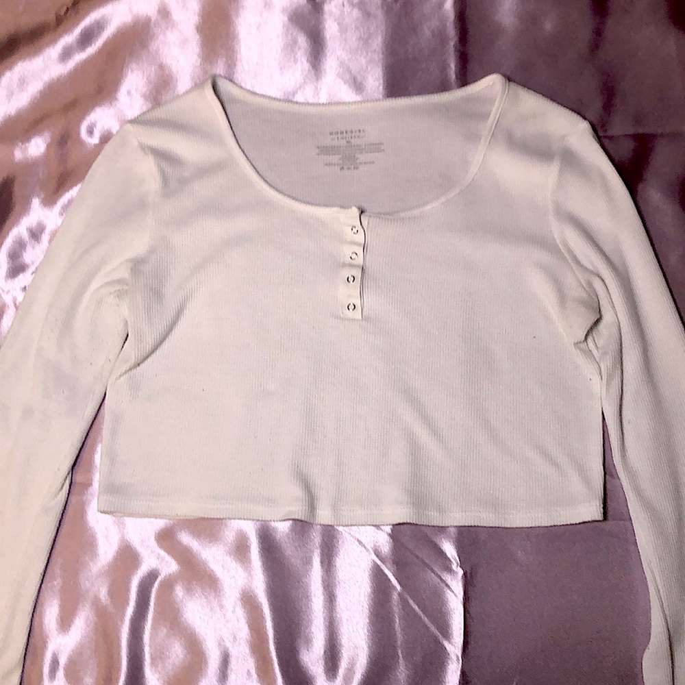 White long sleeve half button up crop top